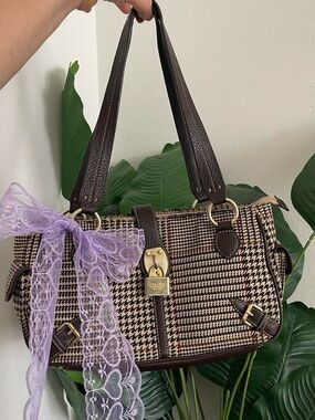 Chaps Brown Houndstooth Shoulder Tote with Gold Accents